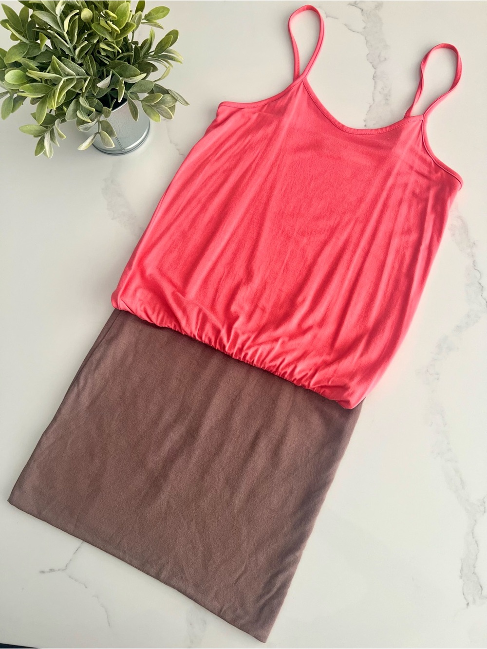 Coral Spaghetti-Strap Dress with Brown Skirt
